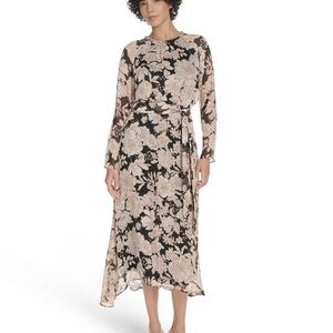 Tommy Hilfiger Black and Cream Floral Long Chiffone Sleeve Dress Sz 12-14-16 New